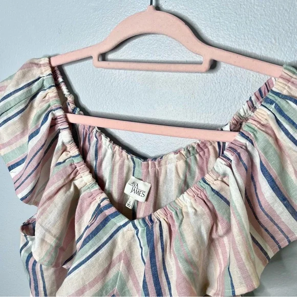 Ava James NWT Linen Blend Off The Shoulder Blouse Sz M Pastel Striped Pink Blue - Picture 4 of 10